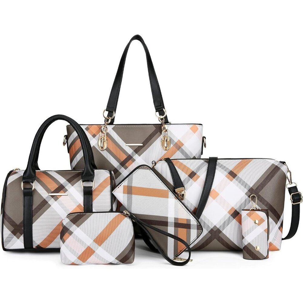 Women's Brown Faux leather Zipper Simple Stylish Top Handle 6pcs Tote Hand Bag